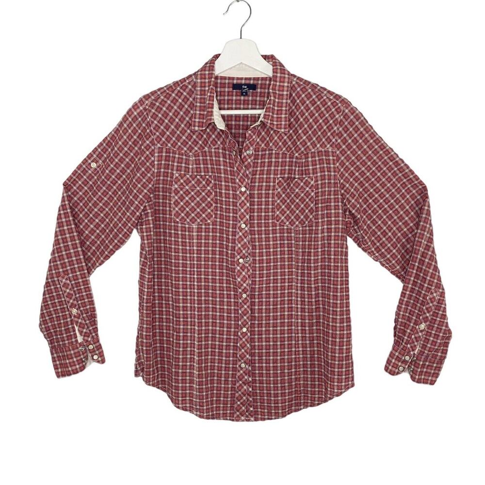 Gap Shirt Womens‎ XL Red Snap Front Plaid Tab Sleeve Seer Sucker Stretch Cowgirl